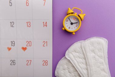 Kadınların adet döngüsü konsepti. Leylak arka planında hijyenik pedleri ve çalar saati olan adet takvimi