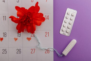 Kadınların adet döngüsü ve hijyen konsepti. Tamponlu, haplı ve leylak arkaplanlı kırmızı çiçekli adet takvimi