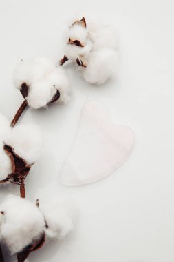 Pembe Gua Sha masaj aleti. Evde yüz bakımı, yaşlanmayı önleme ve kaldırma terapisi. Dikey resim