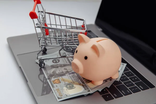 Piggy τράπεζα και καλάθι αγορών με δολάρια λογαριασμούς στο πληκτρολόγιο laptop — Φωτογραφία Αρχείου