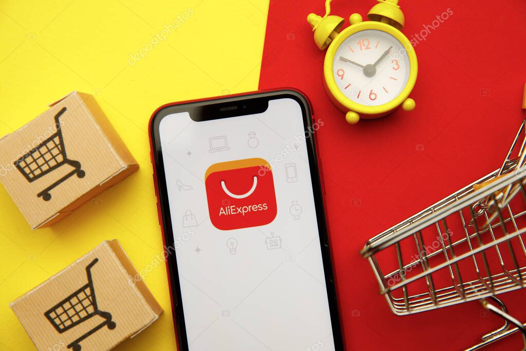 Tula, Russia - January 28, 2020: Aliexpress app logo on iPhone display.