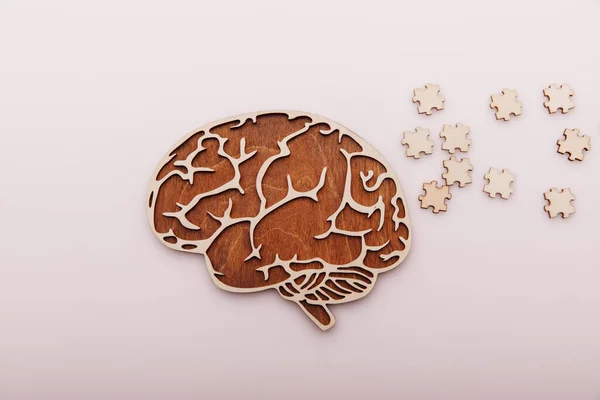 Alzheimer hastalığı ve akıl sağlığı konsepti. Masadaki beyin ve ahşap yapboz