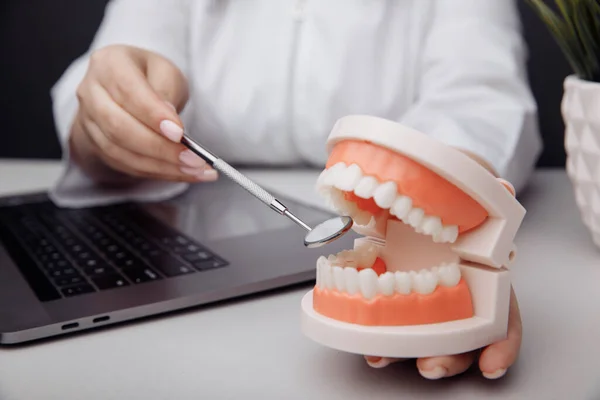 Koncepcja kontroli ustnej. Dentysta i model szczęki — Zdjęcie stockowe