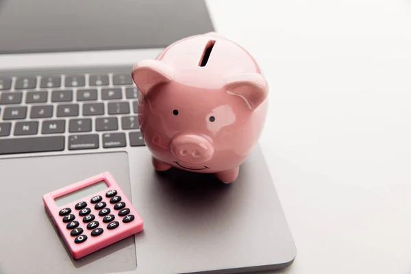 Piggy bank z kalkulatorem w biurze. Koncepcja oszczędzania — Zdjęcie stockowe