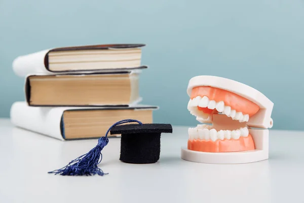 Model of jaw and graduation cap with books on the table. Medical education concept — Fotografia de Stock