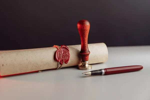 Scroll with wax seal stamp of notary public — Stock Photo, Image