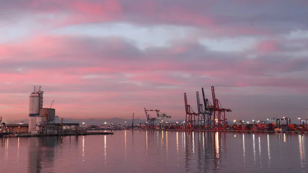 Paysage Industriel Crépuscule Rose Dans Port Commercial Valencia Vue Terminal — Photo