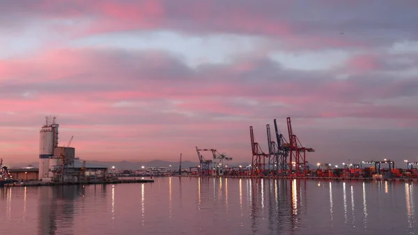 Industrial Landscape Pink Twilight Commercial Port Valencia View Container Terminal Stockfoto
