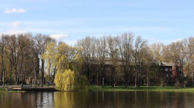 SOVETSK, KALININGRAD REGION, RUSYA - Mayıs 2021: Şehir Gölü kıyısı manzarası.