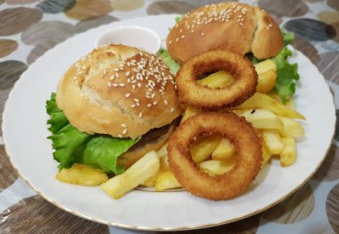 Hamburger Kızarmış Patates Kızarmış Soğan Halkası Ketçap Mayonez Sunum Tabağı SK28