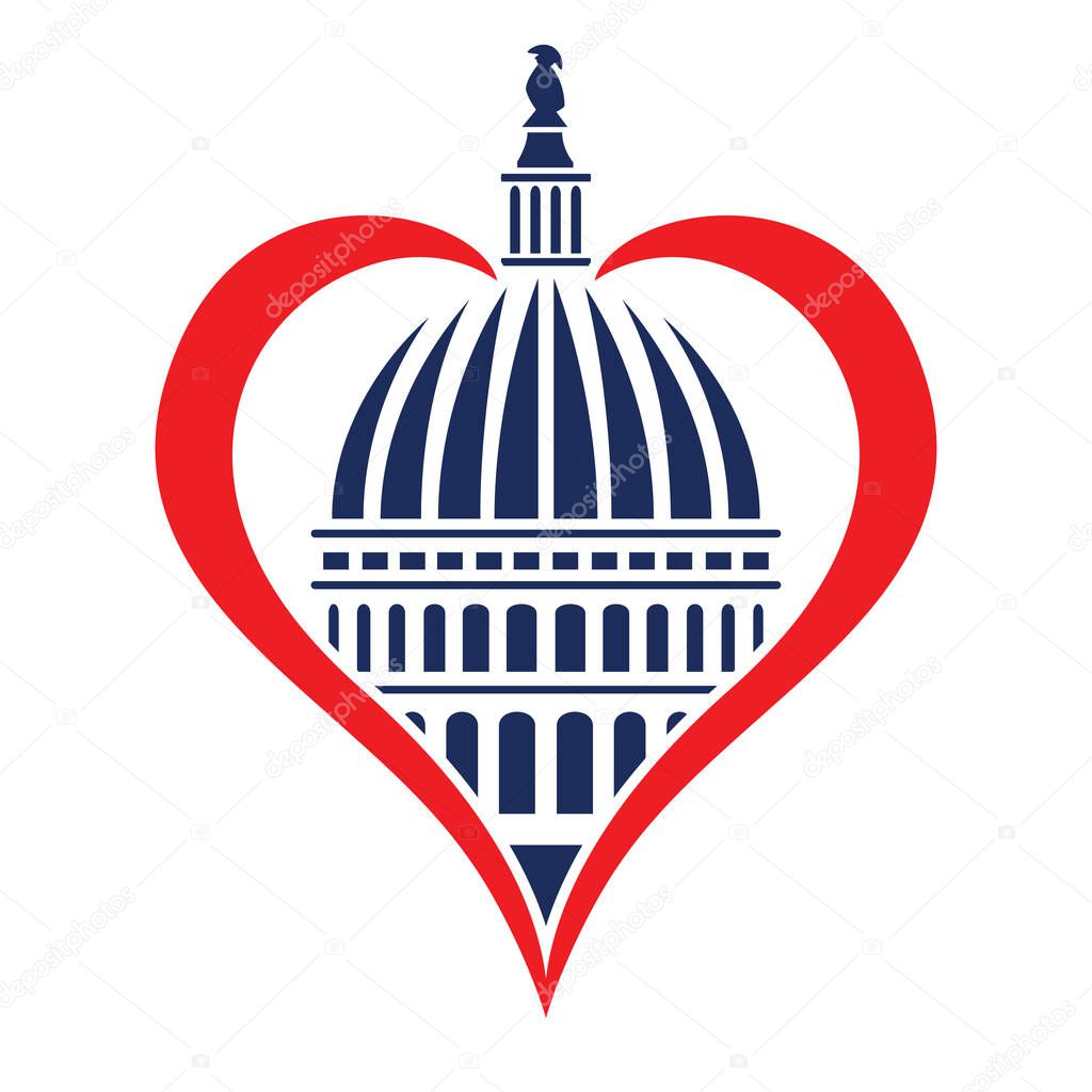 Washington DC Capitol Dome with Heart Memorial Tribute Isolated Vector Illustration