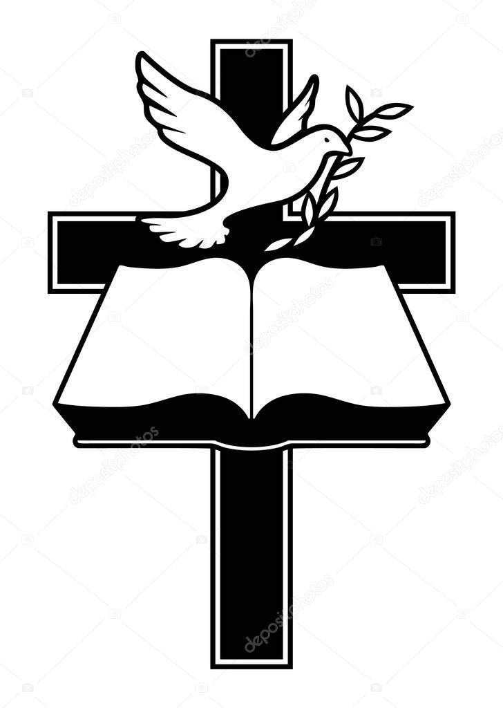 Christian Cross, Bible and Dove with Olive Branch Isolated Vector Illustration
