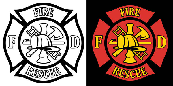 Firefighter Rescue Maltese Florian Cross in both Black Line Art and Red and Gold Color Isolated Vector Illustration