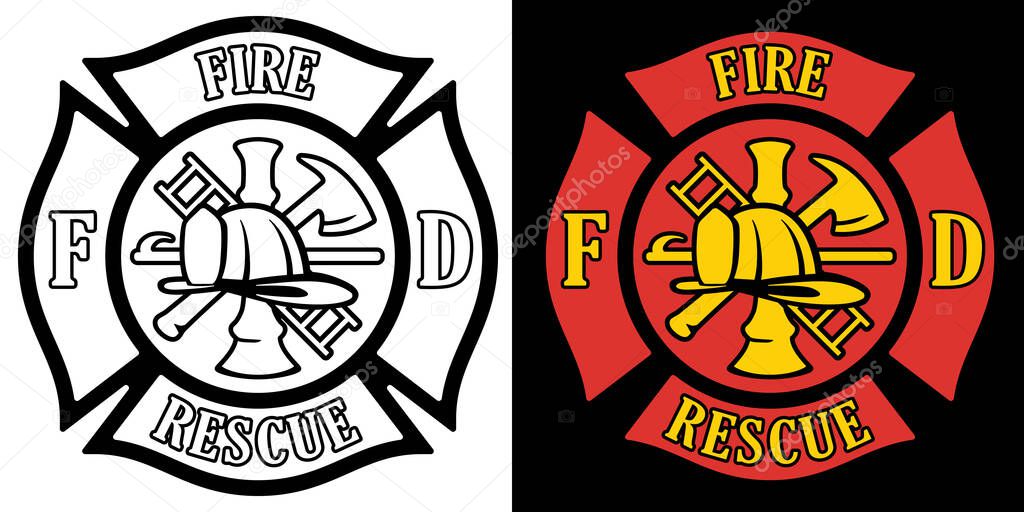 Firefighter Rescue Maltese Florian Cross in both Black Line Art and Red and Gold Color Isolated Vector Illustration