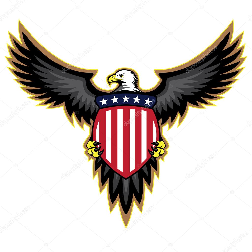 Patriotic American bald eagle, wings spread looking to one side, holding stars and stripes shield, sharp illustration.