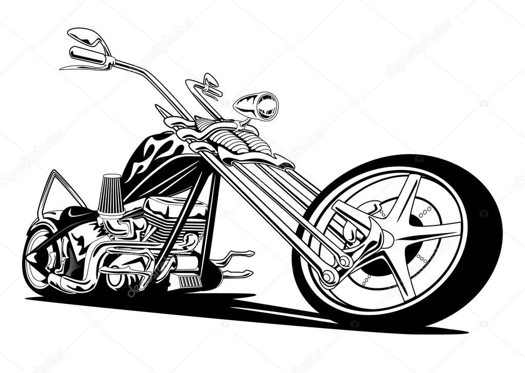 Hot custom American chopper motorcycle, with classic long springer front forks, huge V twin engine, lots of chrome, black with vintage flame paint job, big rims and tires, long low stance.