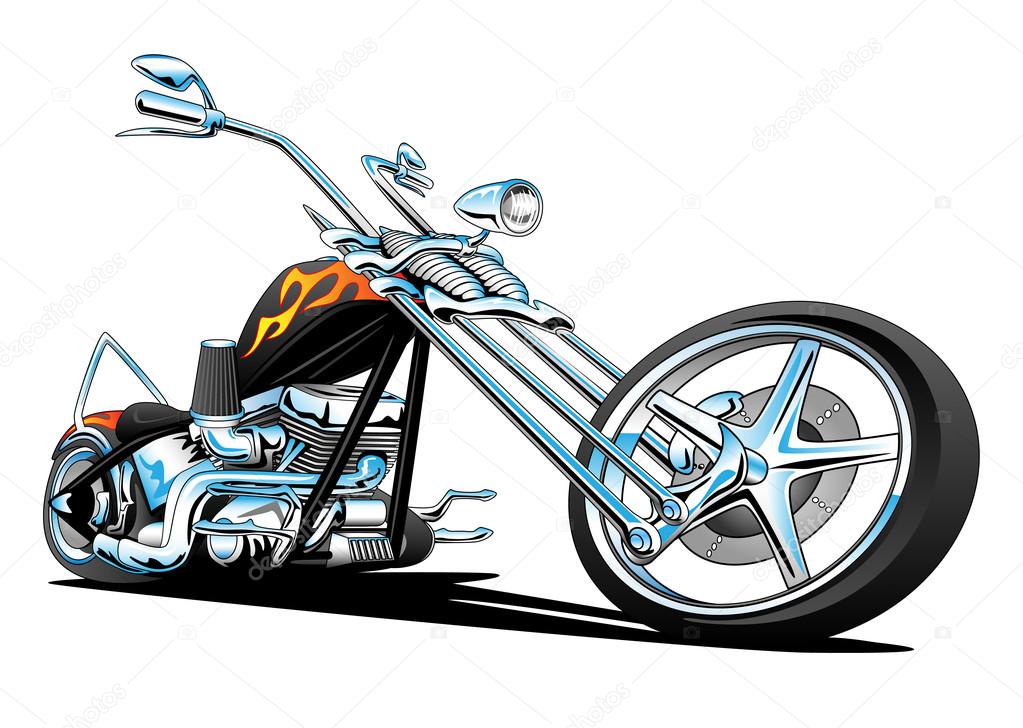 Hot custom American chopper motorcycle, with classic long springer front forks, huge V twin engine, lots of chrome, black with vintage flame paint job, big rims and tires, long low stance.