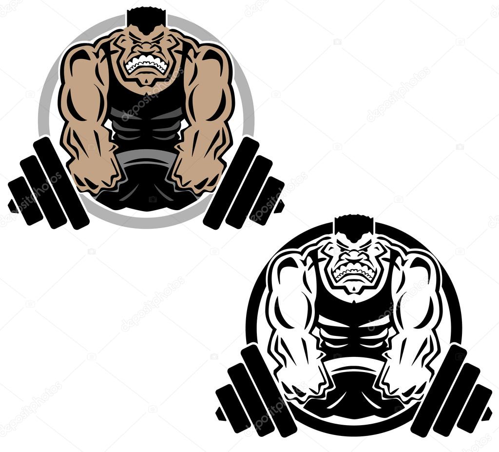 Sharp clean illustration of man lifting heavy weights, bent barbell, large muscles, both as a black line drawing and flesh color version.