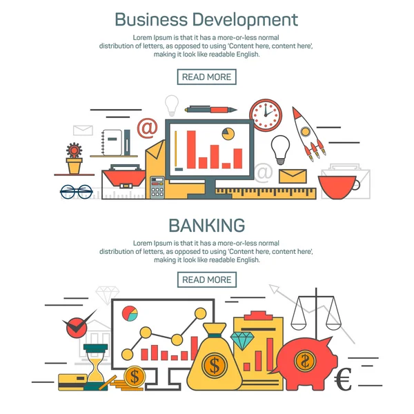 Business development and banking banner concepts in linear style design. Thin line vector illustration — Stock Vector