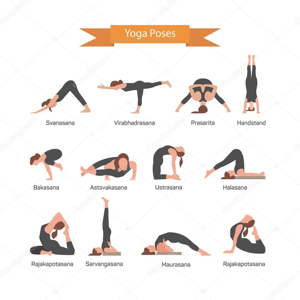 Yoga Basic Poses with Names Colored Vector Set with Woman. Stock