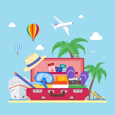 Kavram vektör çizim düz stil tasarım seyahat. Tatil ve Turizm arka plan