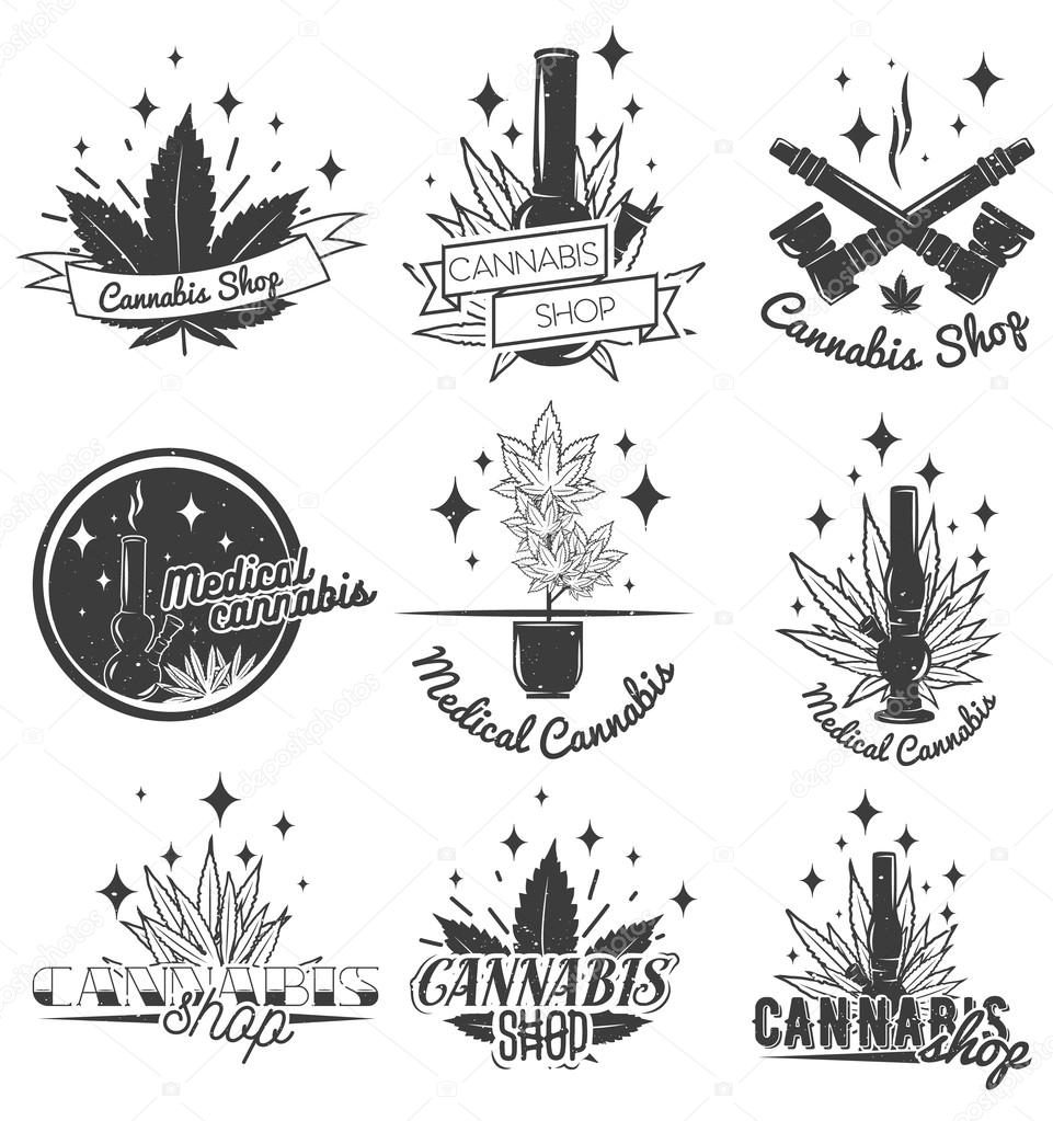 Set of medical marijuana labels in vintage style. Cannabis emblems, badges and logos for shop design. Weed leafs, bong