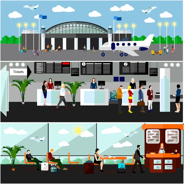 Illustrazione del vettore del concetto di terminal aeroportuale. Biglietteria aerea, banchi check-in e sala d'attesa — Vettoriale Stock