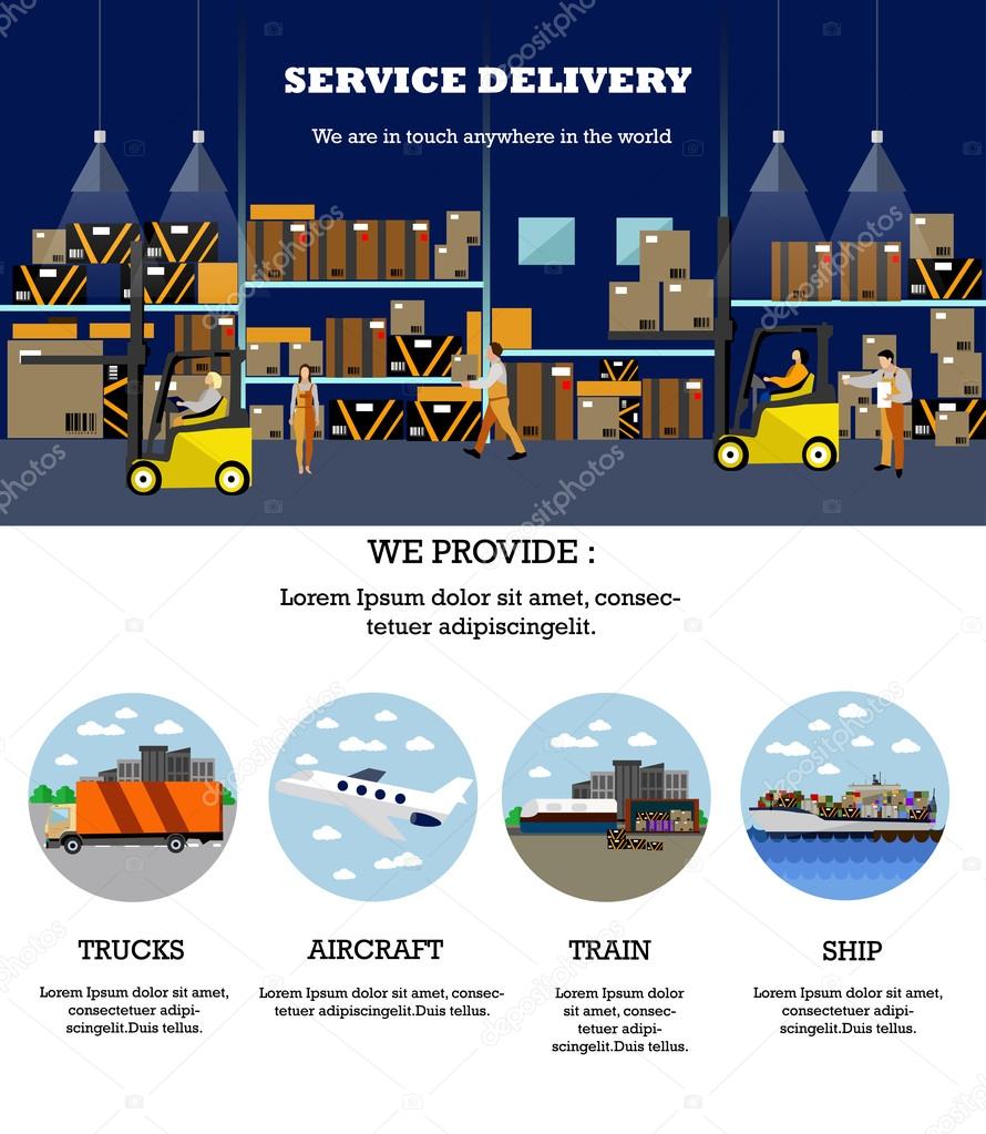 Logistic and delivery service concept banner. Warehouse interior