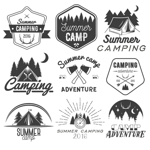 Vector set of camping labels in vintage style. Design elements isolated on white background. Camp outdoor adventure concept illustration. — Stock Vector