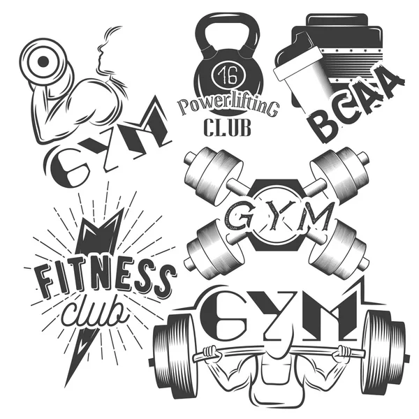 Set of gym labels in retro style. Sport and fitness emblems. Vector illustration. — Stock Vector