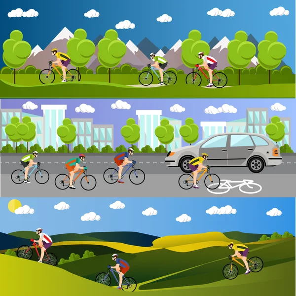 Grupo de ciclistas em bicicletas em montanhas, estrada da cidade e parque. Bandeiras desportivas de bicicleta. Ilustração vetorial estilo plano —  Vetores de Stock