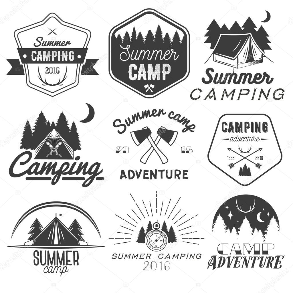 Vector set of camping labels in vintage style. Design elements, icons, logo, emblems and badges isolated on white background. Camp outdoor adventure concept illustration