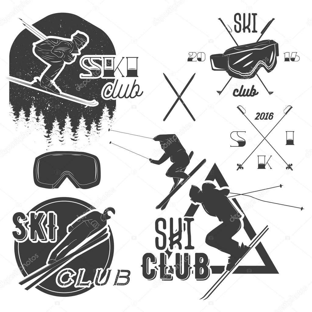 Vector set of mountain skiing labels in vintage style. Alpine ski extreme sport concept. Design elements, retro emblems and icons isolated on white background
