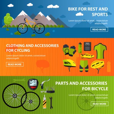Bicycles accessories banners. Sport vector concept illustration in flat style. Clothing and equipment, bike, helmet, wheels, mountains, shoes, clothes