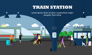 Taşıma kavramı vektör illüstrasyon modu. Tren istasyonu afişi. Şehir ulaşım nesneleri.