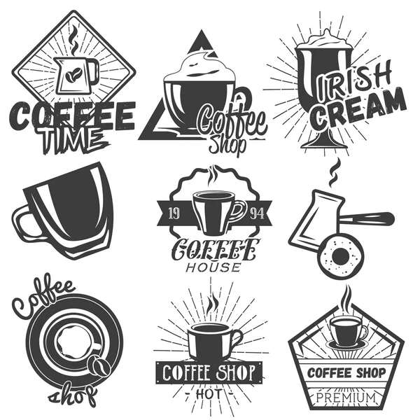 Vector set of coffee and cafe labels in vintage style. Design elements, emblems, badges, icons. — Stockvector