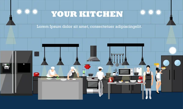 Bannière vectorielle avec intérieur de restaurant. Chefs cuisiner les aliments dans la salle de cuisine. Illustration design plat — Image vectorielle