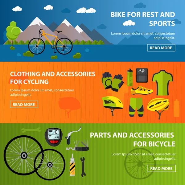 Bicycles accessories banners. Sport vector concept illustration in flat style. Clothing and equipment, bike, helmet, wheels, mountains, shoes, clothes — Wektor stockowy