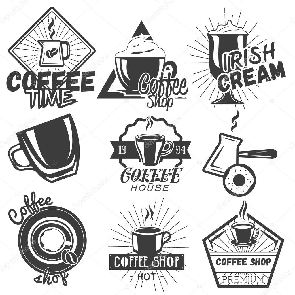 Vector set of coffee and cafe labels in vintage style. Coffee cups logo isolated on white background. Design elements, emblems, badges, icons