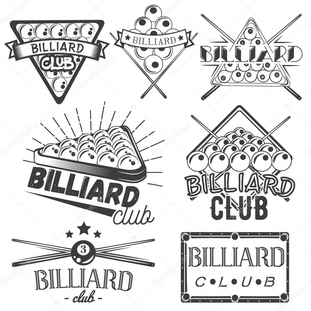 Vector set of billiard labels in vintage style. Sport concept. Billiard cue and balls. Design elements, retro emblems and icons isolated on white background