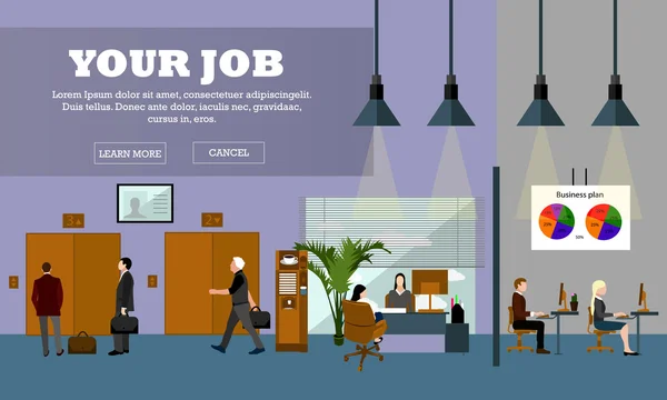 Flat design of business people or office workers. Office interior banner. — Διανυσματικό Αρχείο