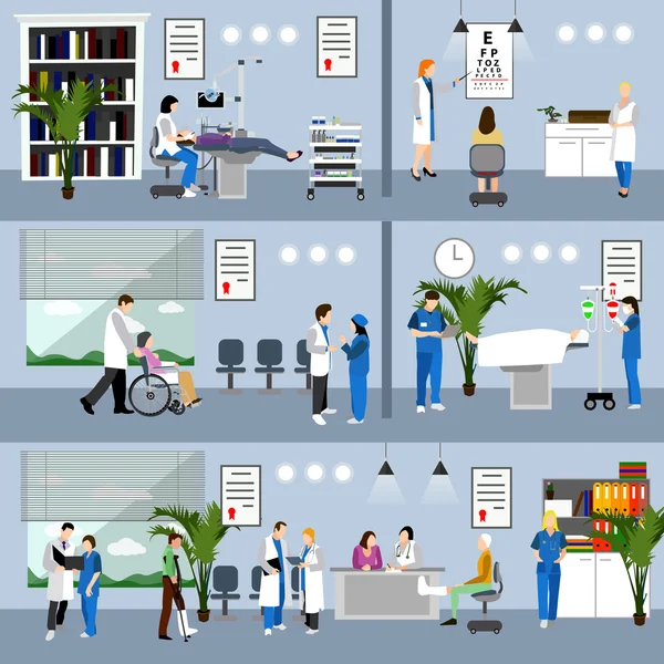 Horizontal vector banners with doctors and hospital interiors. Medicine concept. Patients passing medical check up, surgery operation room — Stock Vector