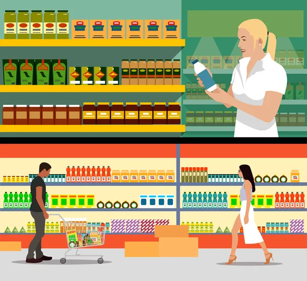 Food store interior vector illustration flat style. Customers buy products in supermarket. Groceries and foodstuff on shelves. — 스톡 벡터