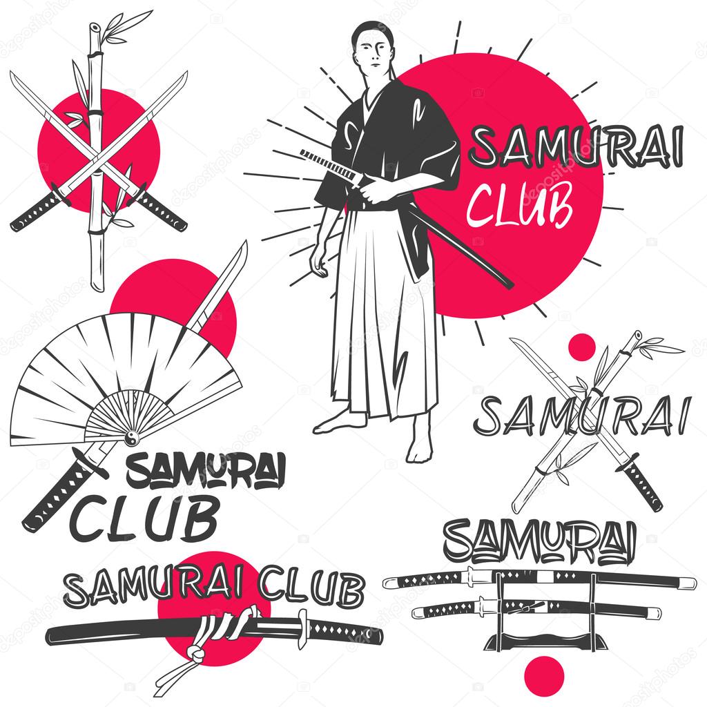 Vector set of samurai labels in vintage style. Oriental martial arts club concept. Crossed katana swords.