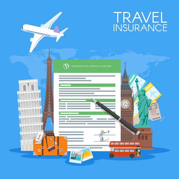 Modulo di assicurazione di viaggio concetto di illustrazione vettoriale. Sfondo vacanza in stile piatto — Vettoriale Stock