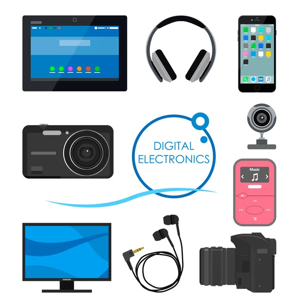 Set of gadgets and consumer electronic devices. Vector illustration in flat style. Design items, icons, phone, computer, camera, tablet, headphones — ストックベクタ