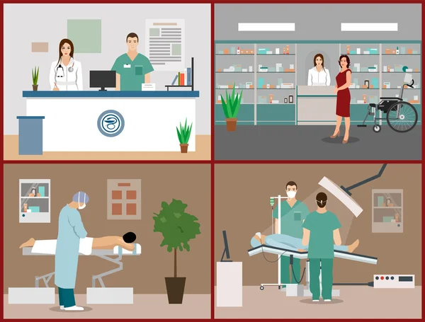 Pancartas vectoriales con pacientes, médicos e interiores hospitalarios. Concepto de medicina sanitaria. Ilustración plana de dibujos animados . — Archivo Imágenes Vectoriales