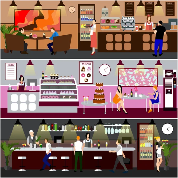 Cafe Interieur Vektor Illustration. Gestaltung von Café, Bäckerei, Restaurant und Bar. Menschen im Café-Cartoon-Flach. — Stockvektor