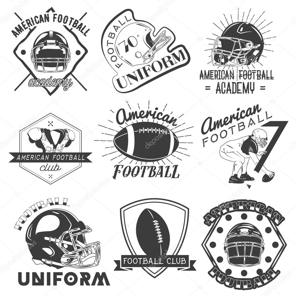 Vector set of rugby and american football labels in vintage style. Sport concept. Design elements, retro emblems and icons isolated on white background