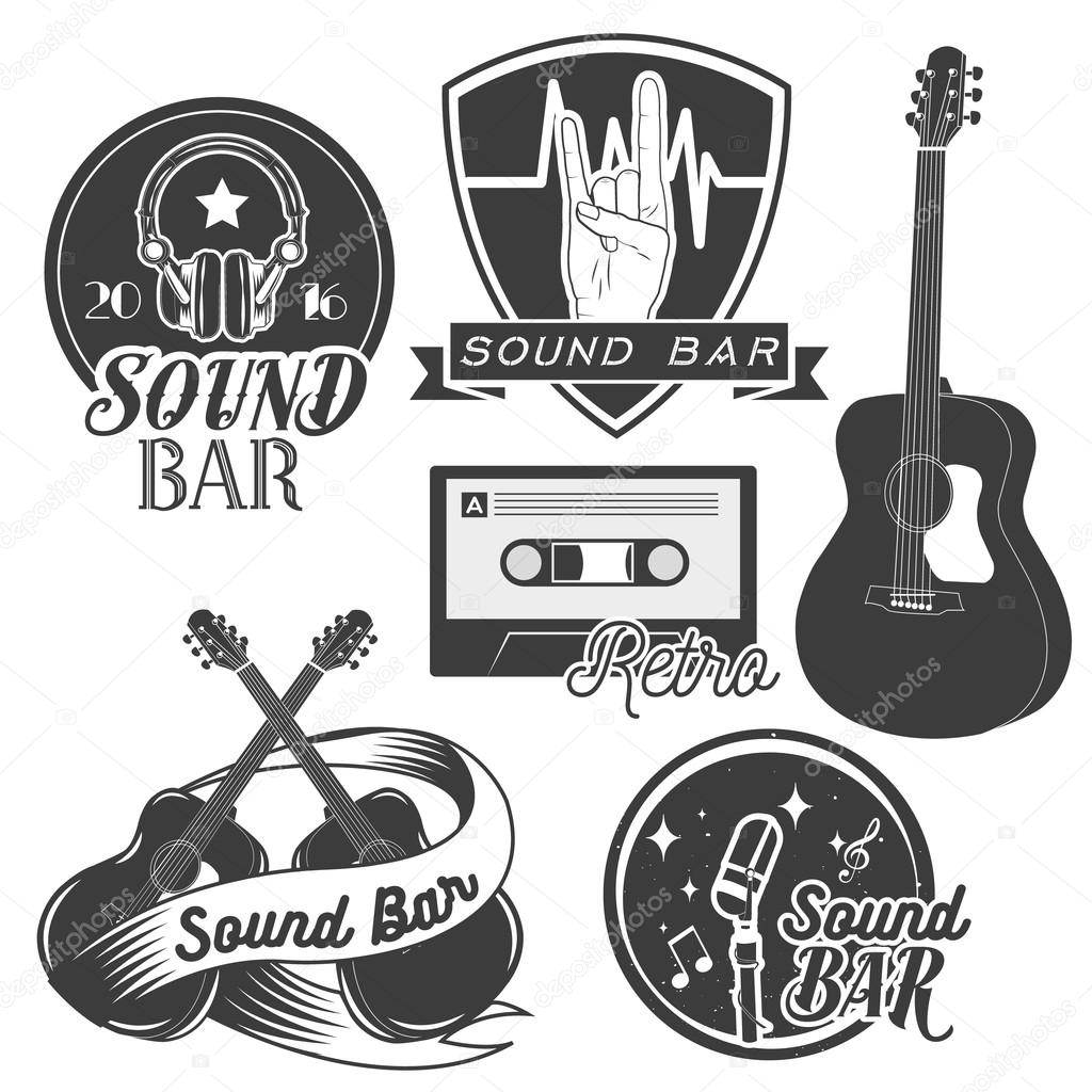 Vector set of sound recording studio labels in vintage style. Rock music instruments, cassette tape, guitar isolated on white background